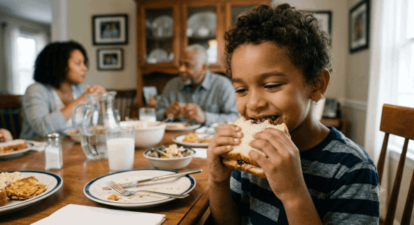 Boy eating peanut, egg, and milk freely after completing oral immunotherapy