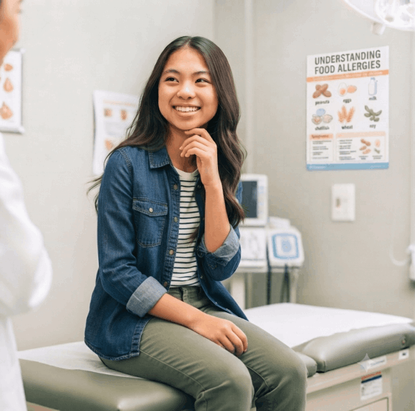 teenager discussing food allergy treatment with doctor
